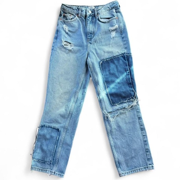 Y2K Patchwork Distressed Jeans High Waist Straight Leg Vintage Inspired Denim - Picture 1 of 3